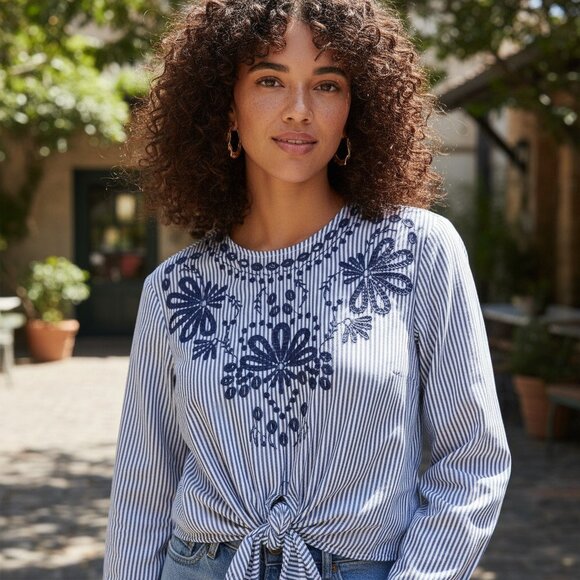 ZARA Striped Embroidered Tie Front Blouse S Long Sleeve Shirt Top Floral Stripes - Picture 8 of 8